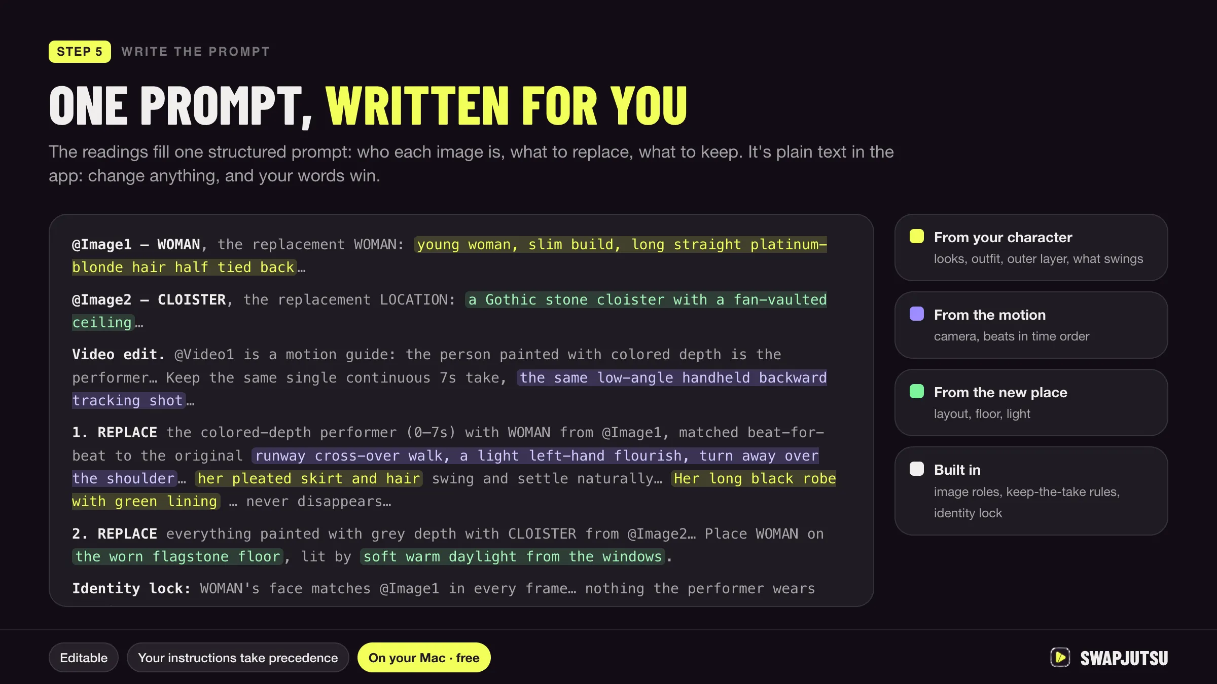 Diagram: one structured Seedance prompt written from everything the Mac read in the clip and the character images