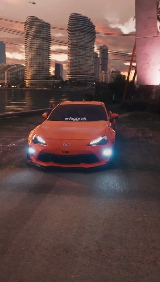 Result: the same car and camera move on a sunset waterfront