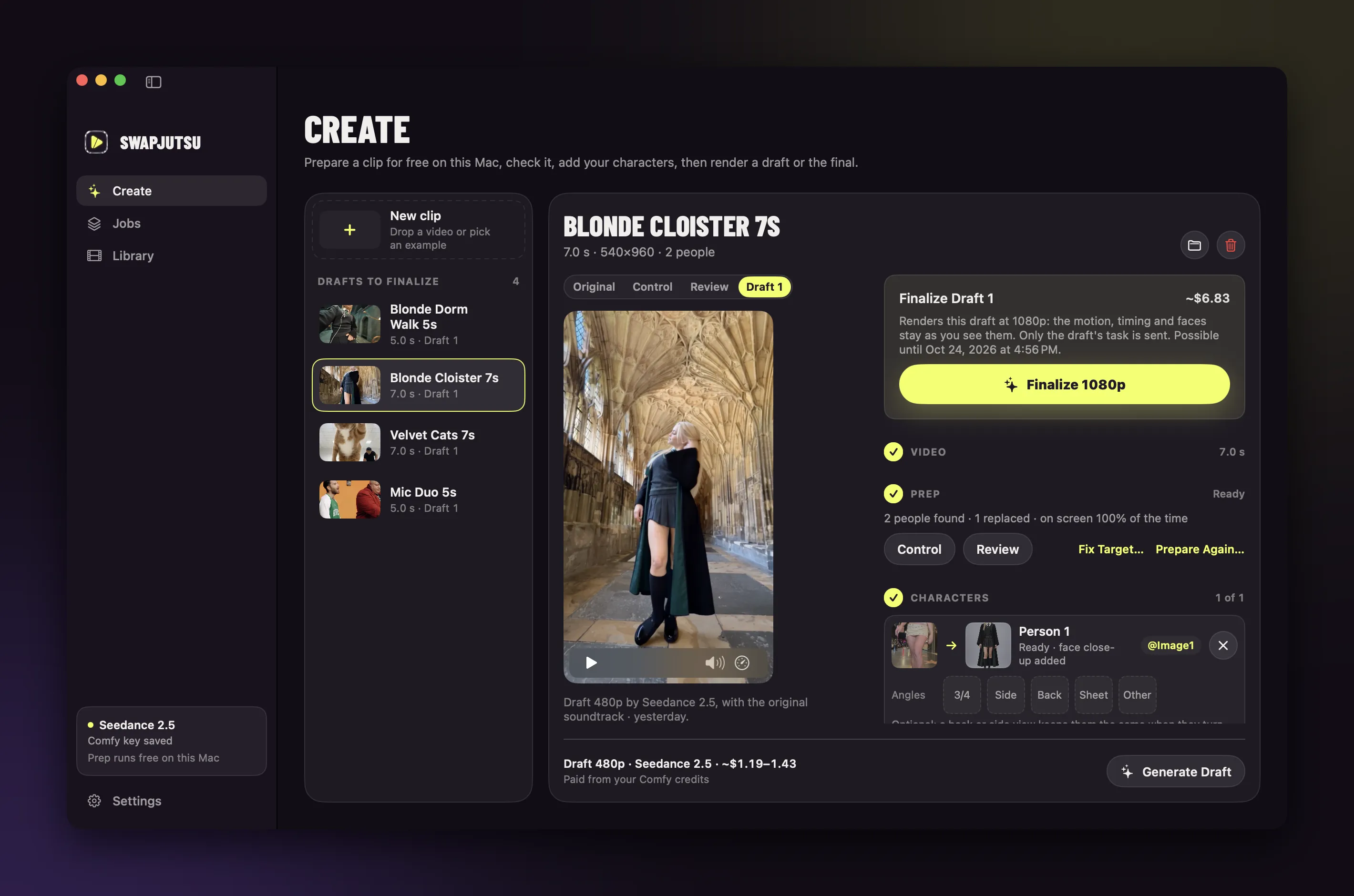Swapjutsu's Create screen: a prepared clip, its Seedance draft and the character that replaced the dancer