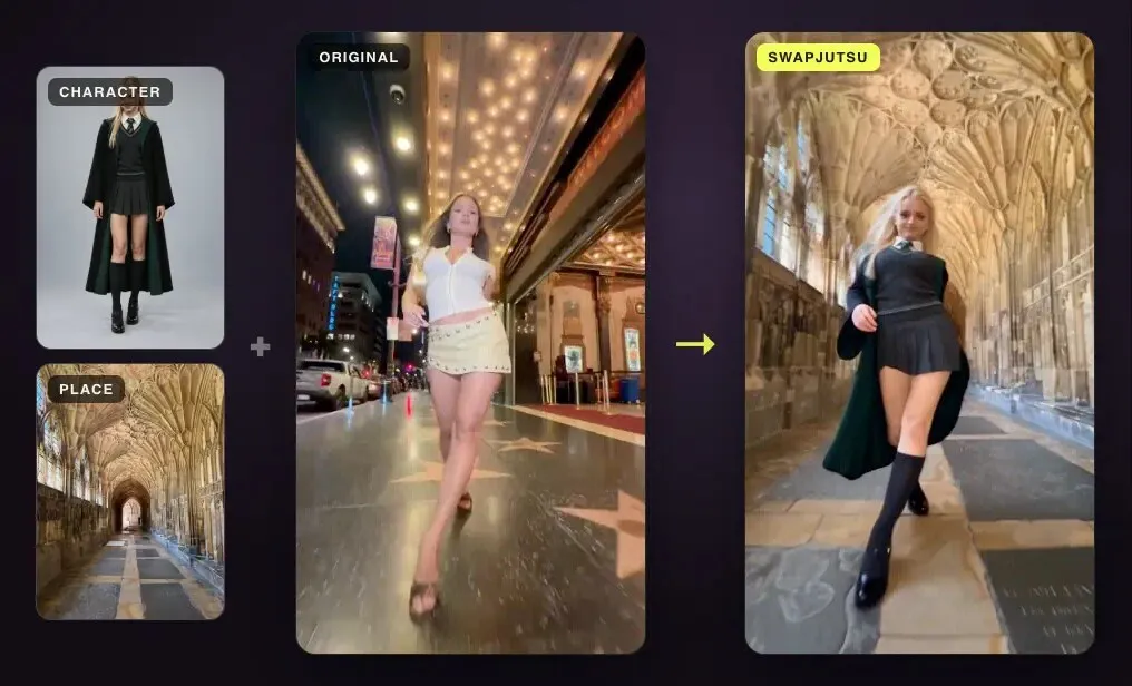 A Swapjutsu character swap: a character image and a place image turn a dancer on the Walk of Fame into a new character dancing the same steps in a cloister