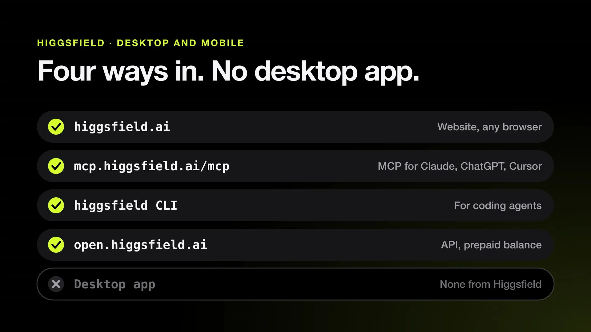 Checklist of the four official ways to use Higgsfield, with a crossed-out desktop app