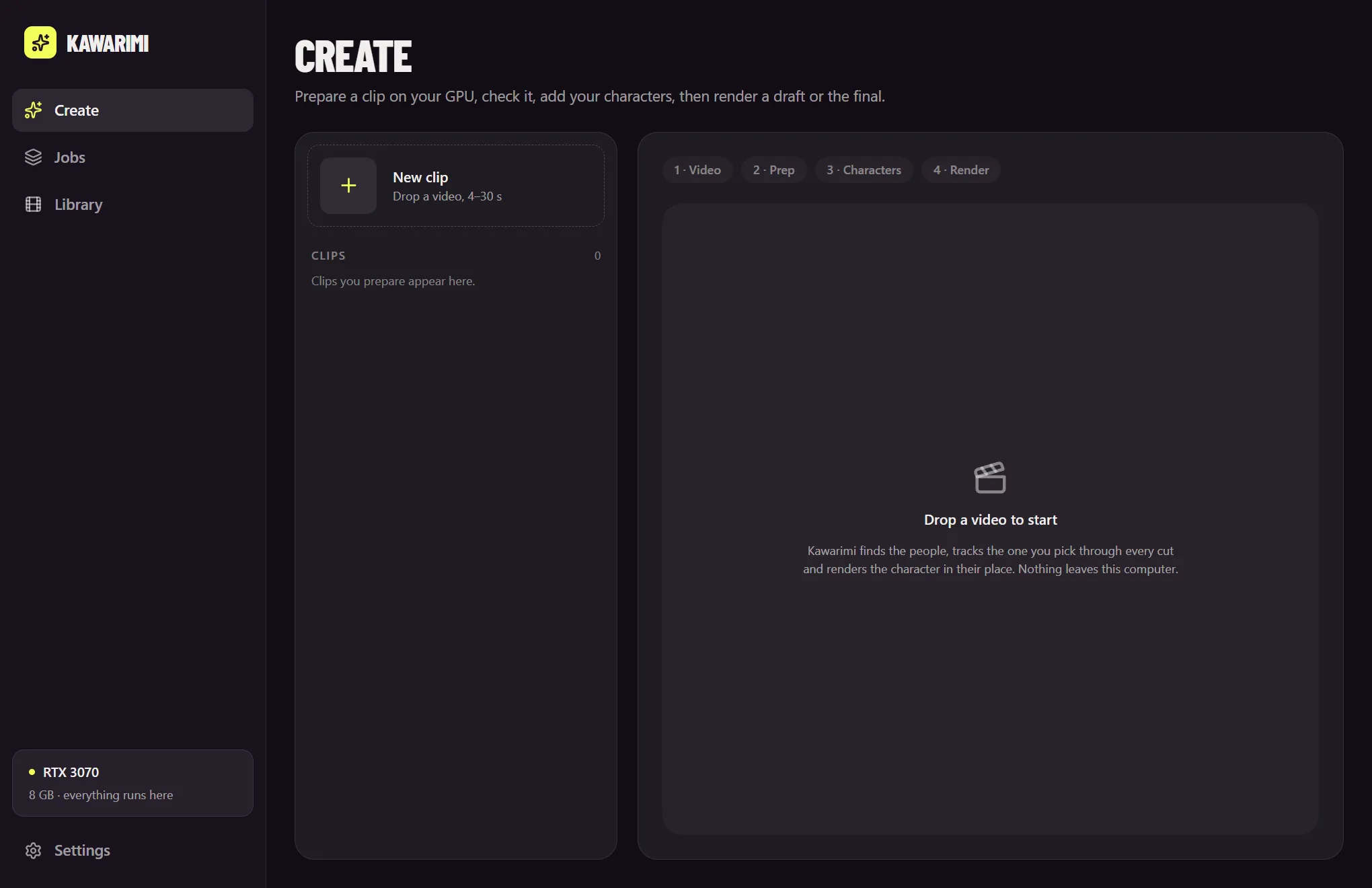 Kawarimi's Create screen: drop a video, then Prep, Characters and Render, with the RTX 3070 shown as the GPU everything runs on