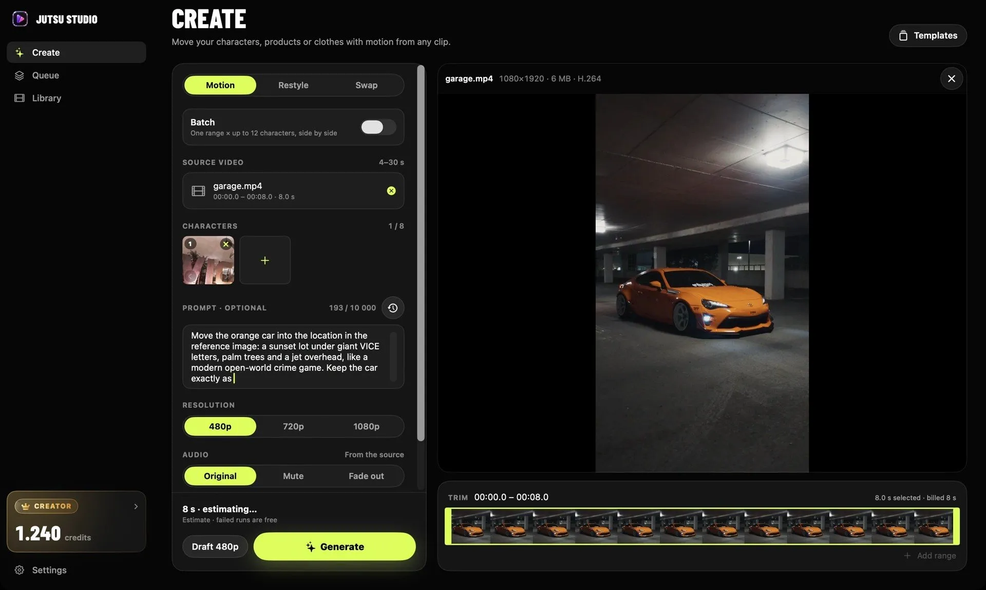 Jutsu Studio's Create screen: a source clip, a reference image, a prompt, the resolution and the price on the Generate button