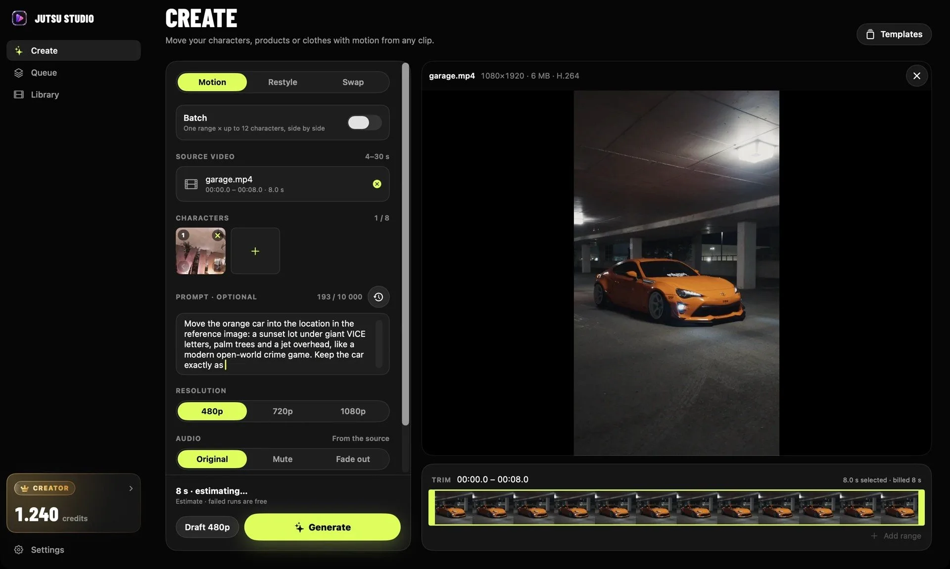 Create screen with a source clip, a reference image and a prompt
