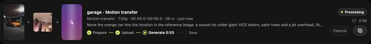 A motion transfer job: Prepare and Upload done, Generate running for 3 seconds, Save next