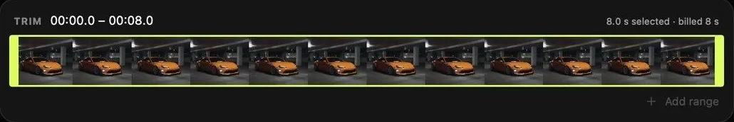 Trim bar: 00:00.0 to 00:08.0, 8.0 s selected, billed 8 s