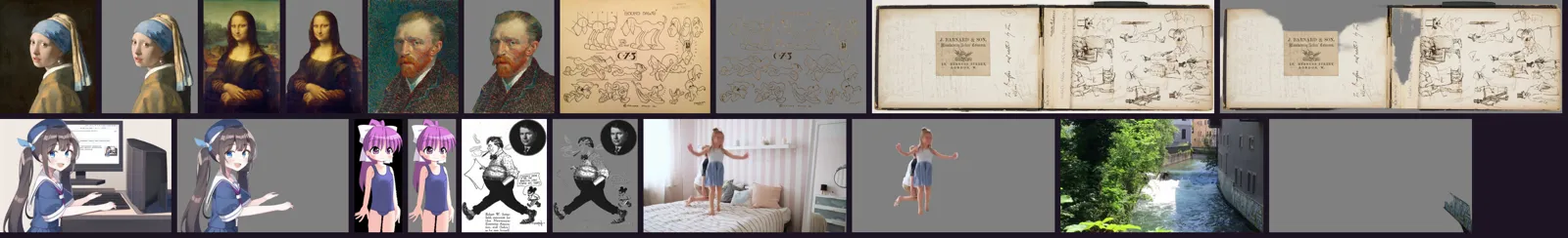 Characters cut off their backgrounds by BiRefNet: paintings, sketches, anime art and a photo