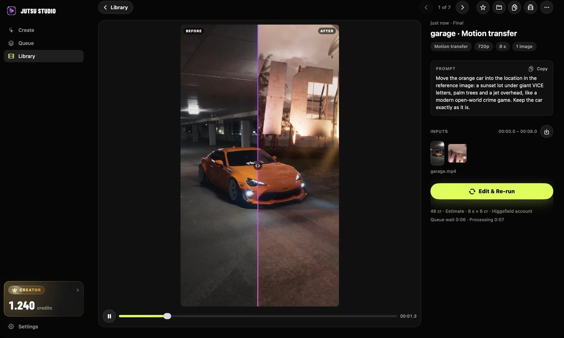 Jutsu Studio's result view: a finished motion transfer next to its source clip, with the prompt, inputs and cost