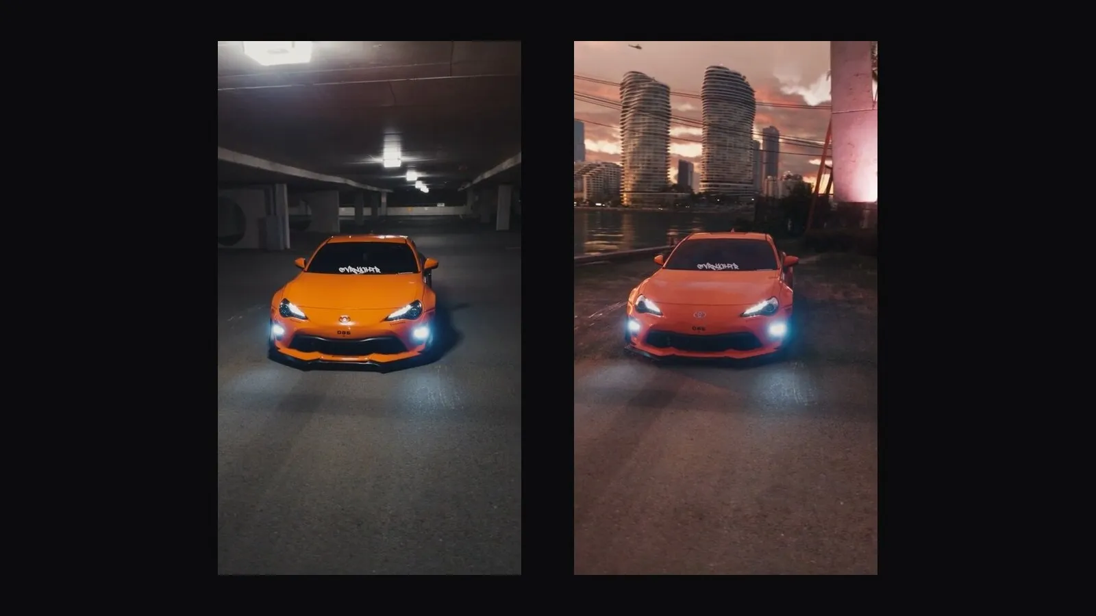 A Genjutsu motion transfer: an orange car in a parking garage, then the same car and camera move on a sunset waterfront