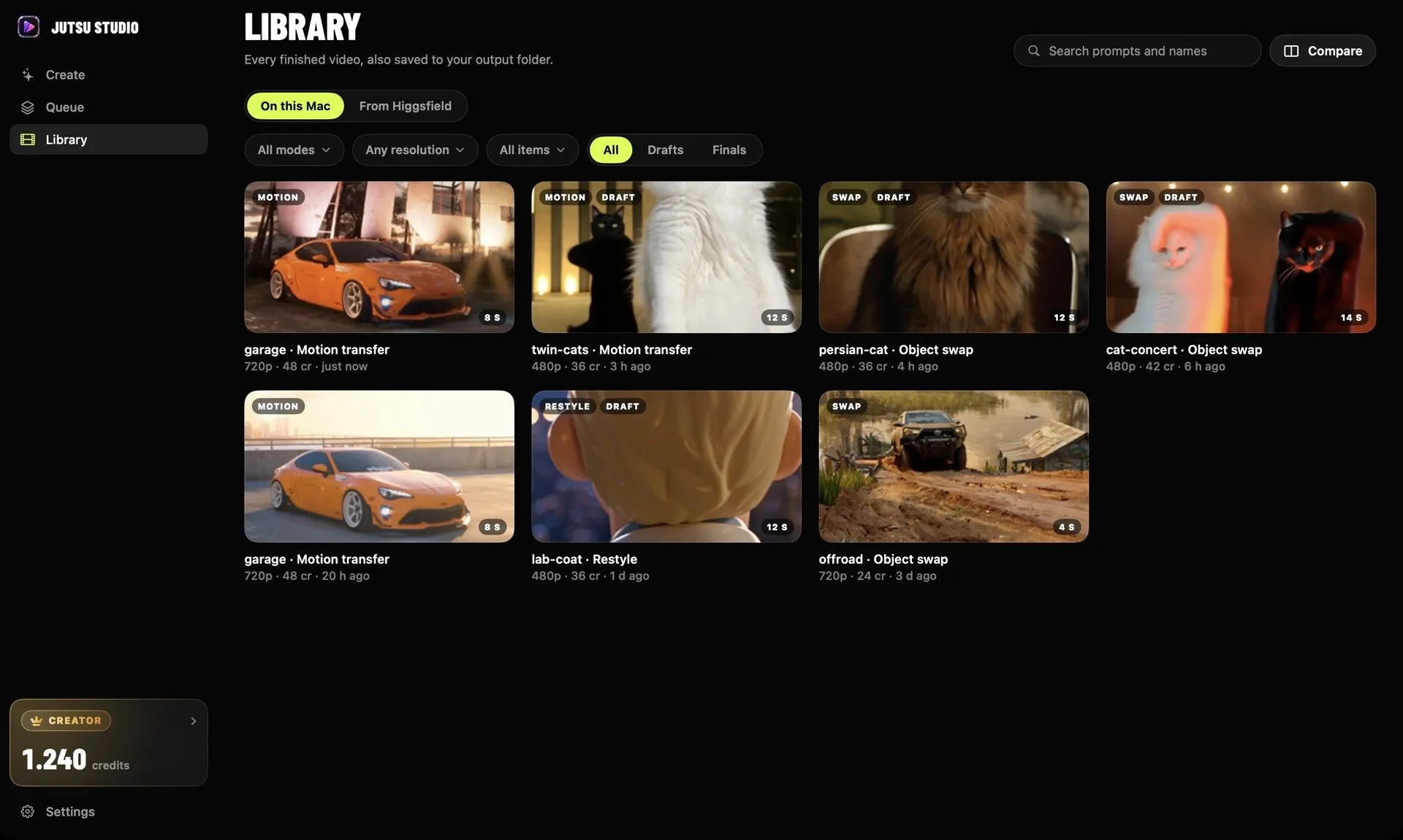 Library grid with motion transfer, restyle and object swap results