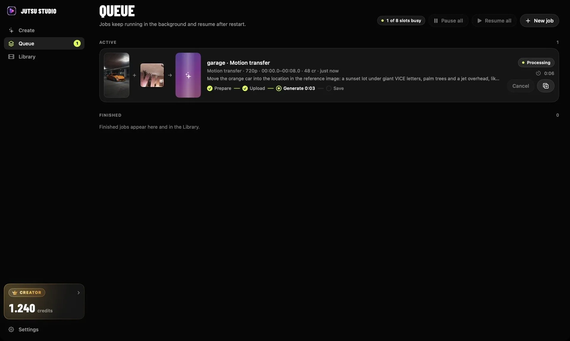 Jutsu Studio's Queue: a motion transfer job on Higgsfield going through prepare, upload, generate and save