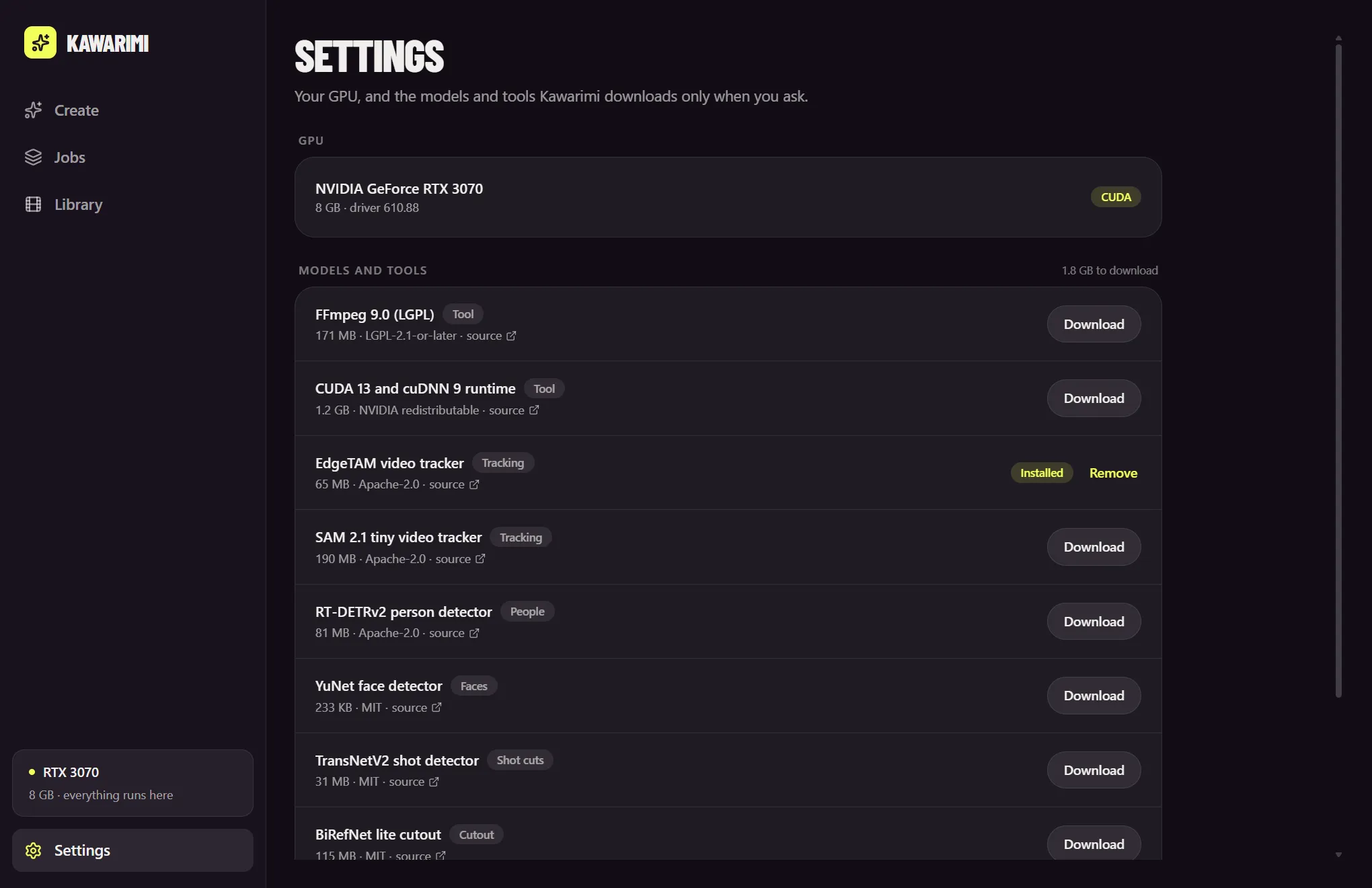 Kawarimi's Settings: the GPU, and every model and tool with its size, license and source