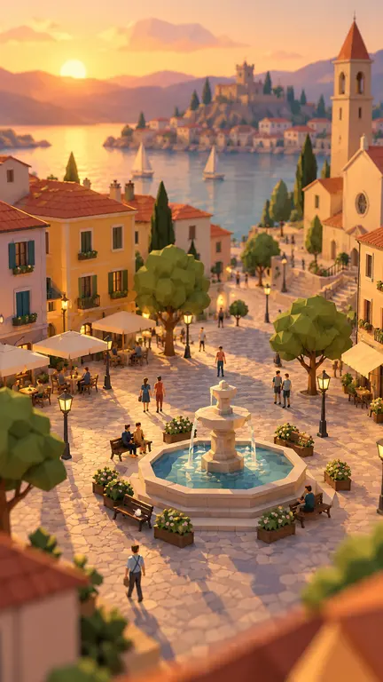 The same village scene in the Low-poly City style