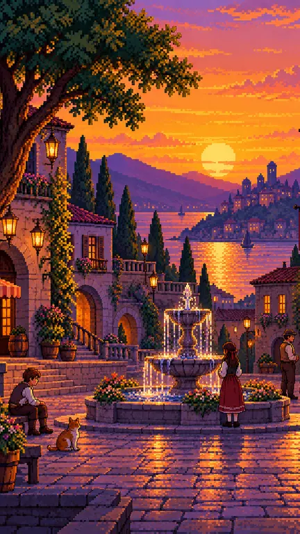 The same village scene in the Pixel Art style