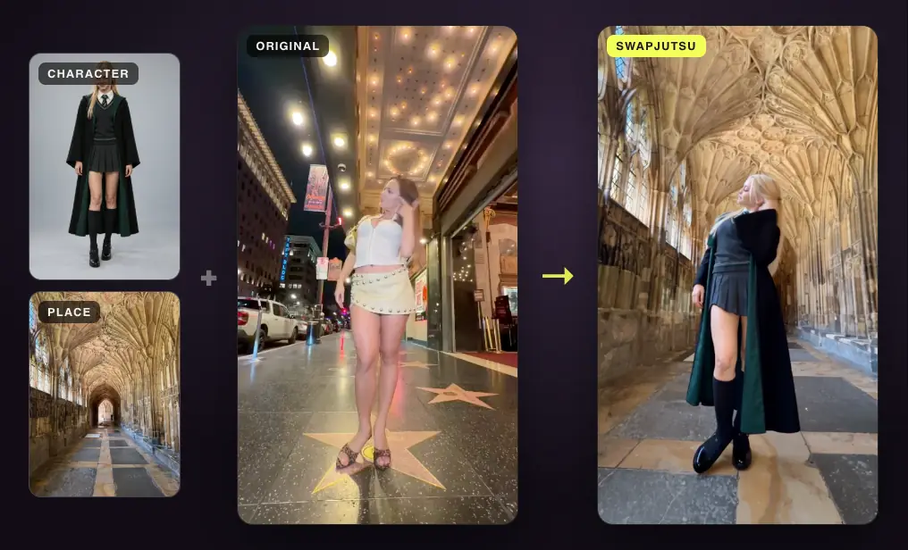 A dancer on the Walk of Fame becomes a blonde in a black robe, dancing the same steps in a vaulted cloister